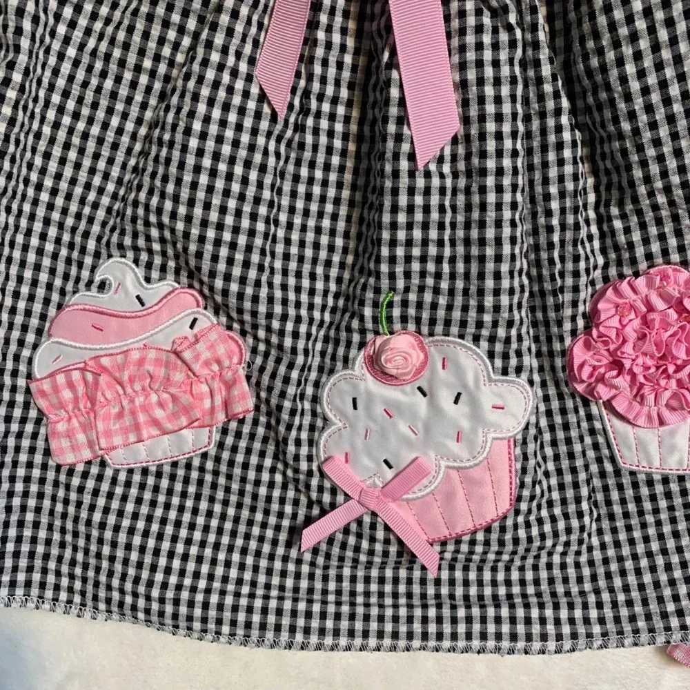 Vintage‎ Rare Editions Girls Black White Gingham Cupcake Applique Outfit Set 12M - Picture 4 of 13